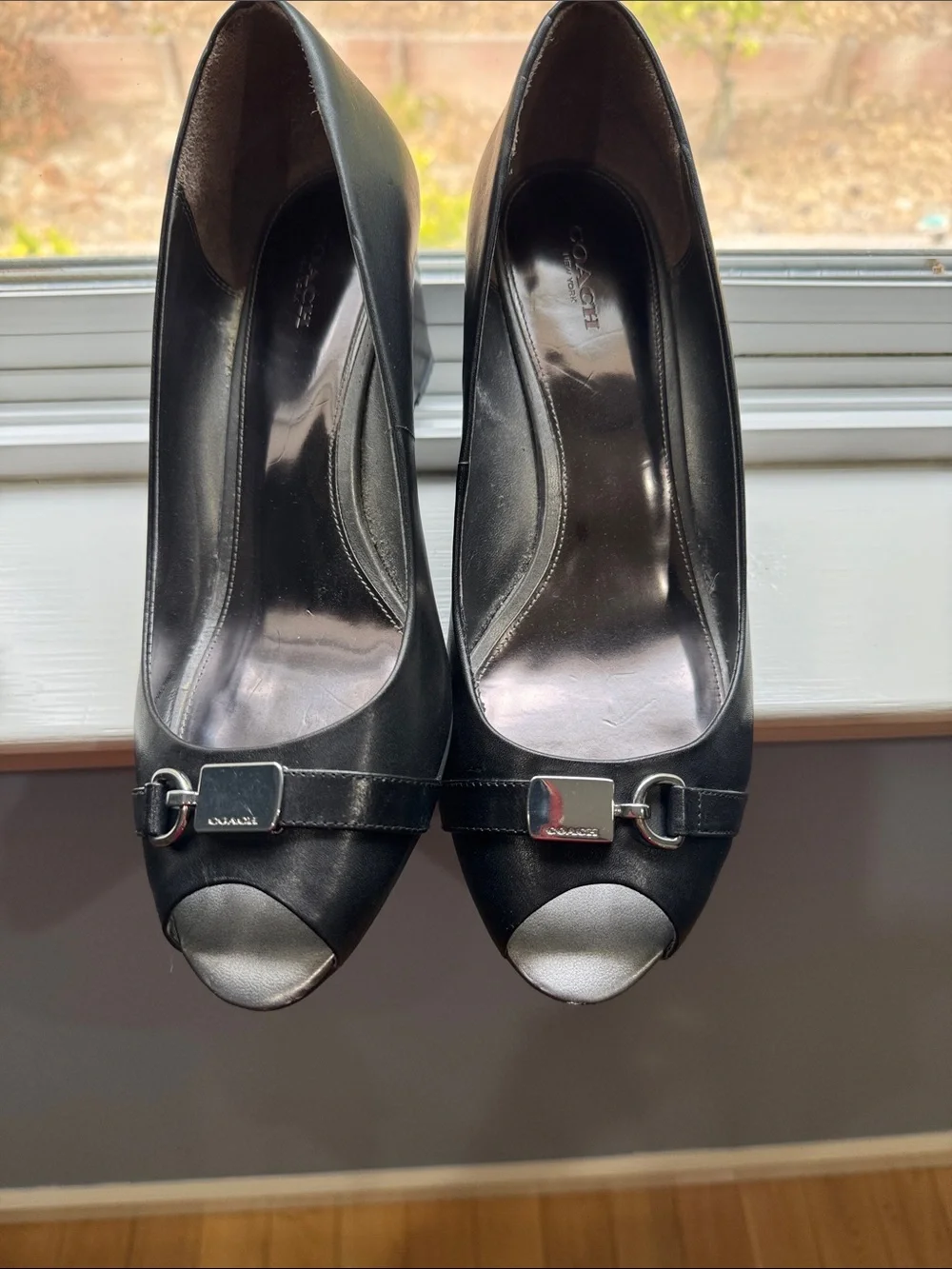 Coach Black Leather Peep-Toe Heels with Signature Buckle